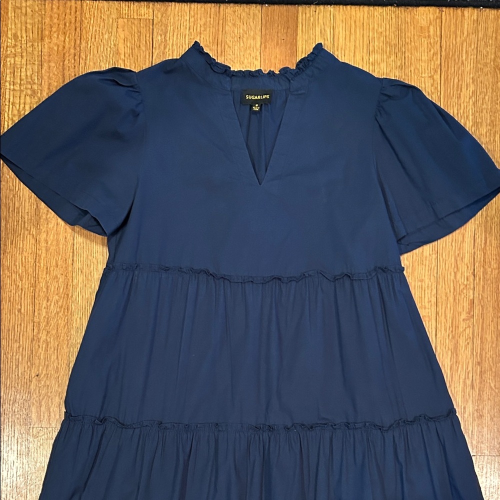 Navy Tiered Ruffle Neck Short Sleeve Dress Size Medium - Picture 13 of 16
